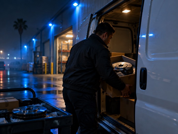 Courier loading auto parts into a cargo van