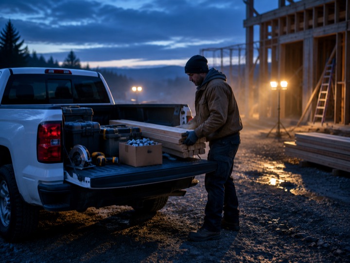 Courier unloading lumber and tools at a job site