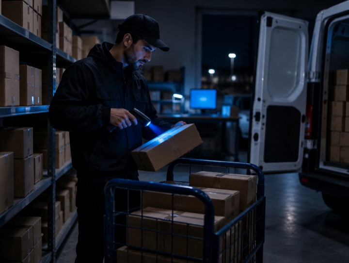 Courier scanning parcels in a fulfillment room