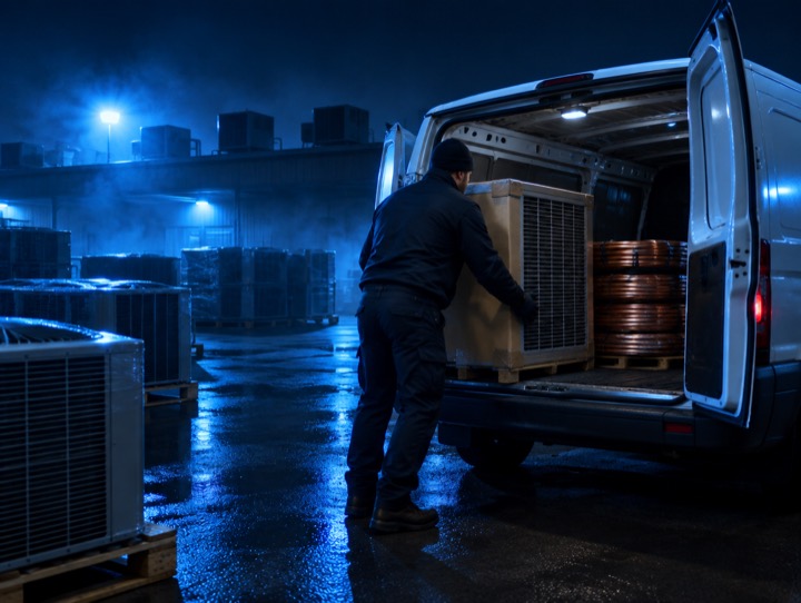 Courier loading an HVAC condenser into a van