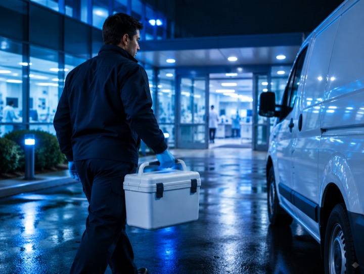 Courier carrying a sealed medical cooler at night