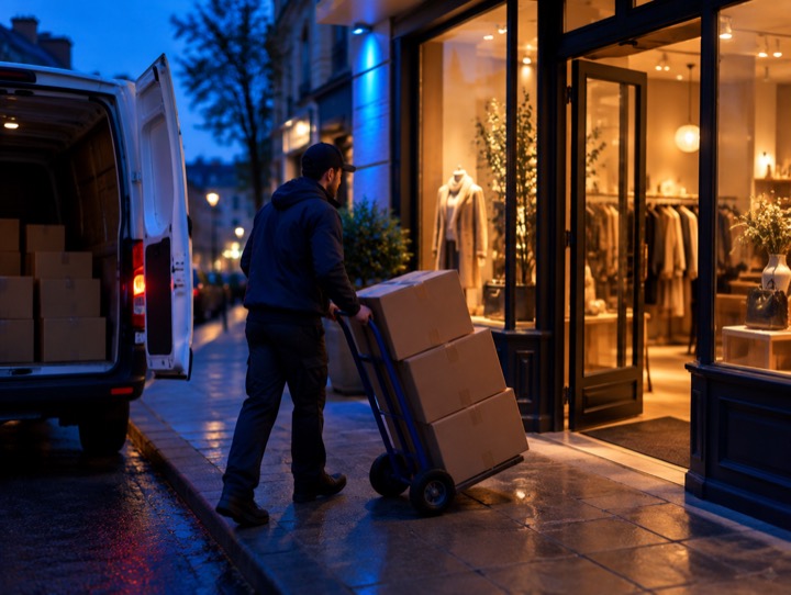 Courier delivering boxes to a retail storefront