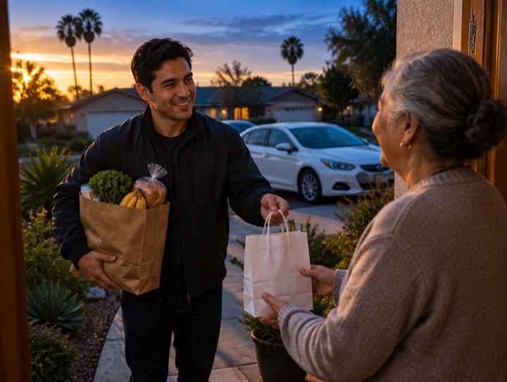 Courier handing groceries to an older woman at her door